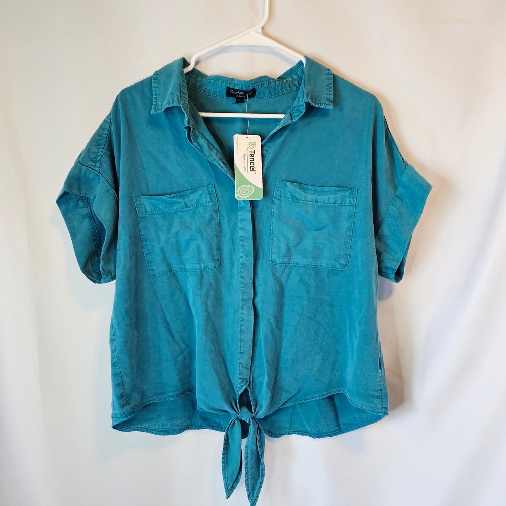 Velvet Heart Teal Blue Tencel Tie Front Short Sleeve Button Down Shirt Large